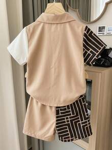 SHEIN Playful Pals 2件組男嬰套裝兒童黑白條紋與幾何印花拼接短袖上衣 & 鬆緊腰短褲 夏季休閒家庭套裝 - 彩色 - 查看 2