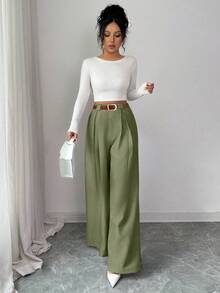 SHEIN Elenzya 秋冬亞麻感高腰寬腿褲，休閒素色，優雅風格適合日常穿著與工作，畢業季、復古音樂節、德比賽、日 - 橄欖綠 - 查看 4