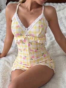 CottageSlumber Lace Patchwork Ruffle Bow Decor U-Back Plaid Fitted Jumpsuit Loungewear - Yellow - View 5