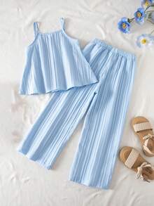SHEIN Elladie kids 夏季波西米亚风柔软舒适女童纯色褶皱吊带背心和裤子套装，女童两件套夏季套装，浅蓝色女童套装，夏季裤装套装 - 淺藍色 - 查看 2