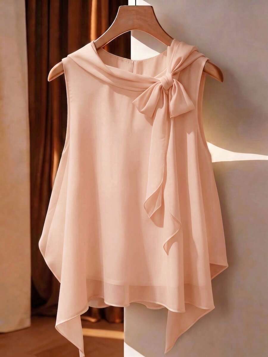 Franclia 大码不对称下摆蝴蝶结无袖雪纺上衣,时尚度假风,春夏款 - 藕粉色 - 查看 1