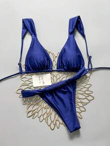 Swim Basics 女款素色性感夏季海灘比基尼套裝 - 藍色 - 查看 1