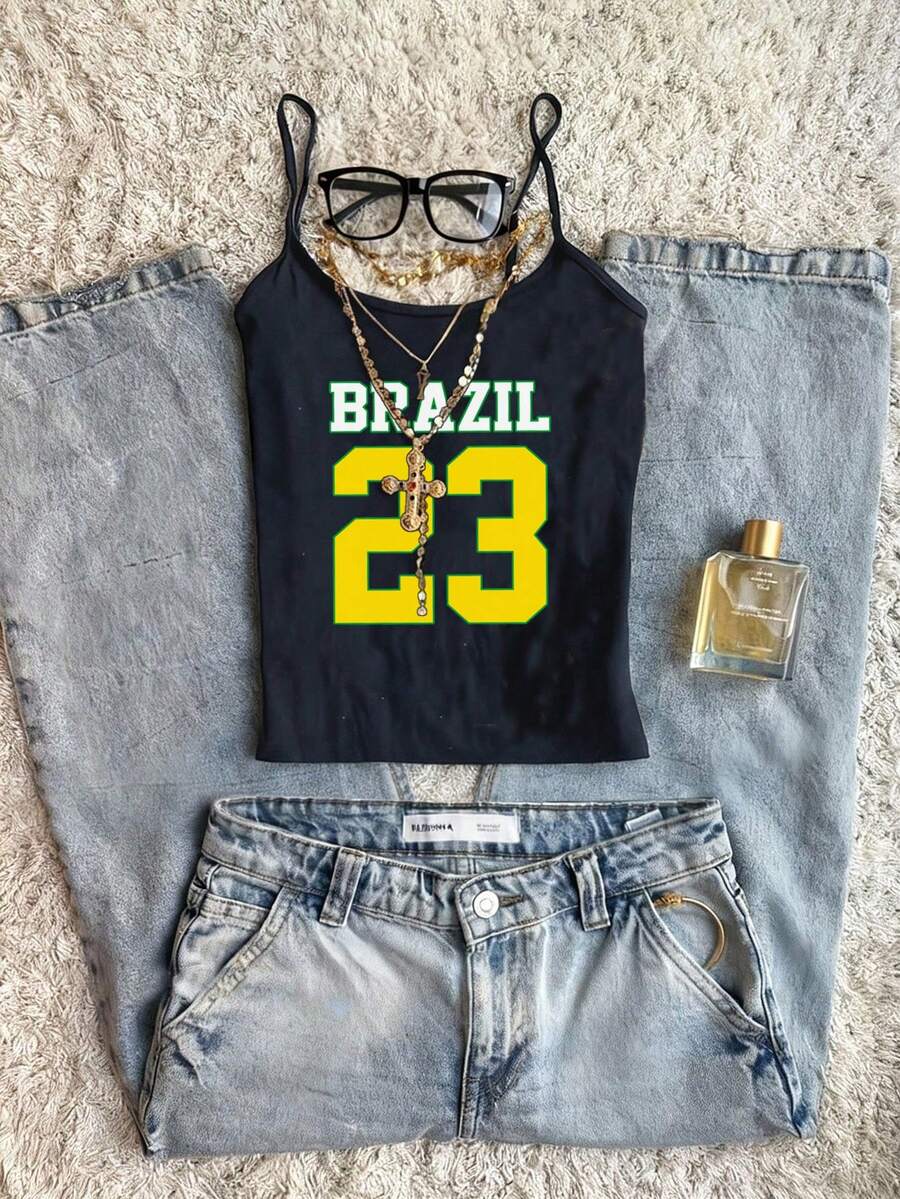Attitoon Casual Minimalist Brazil Letter & Number 23 Print Sexy Camisole Tank Top, Suitable For Summer World Cup, Jersey, Sports Season, Football Uniform, Match - Black - View 1