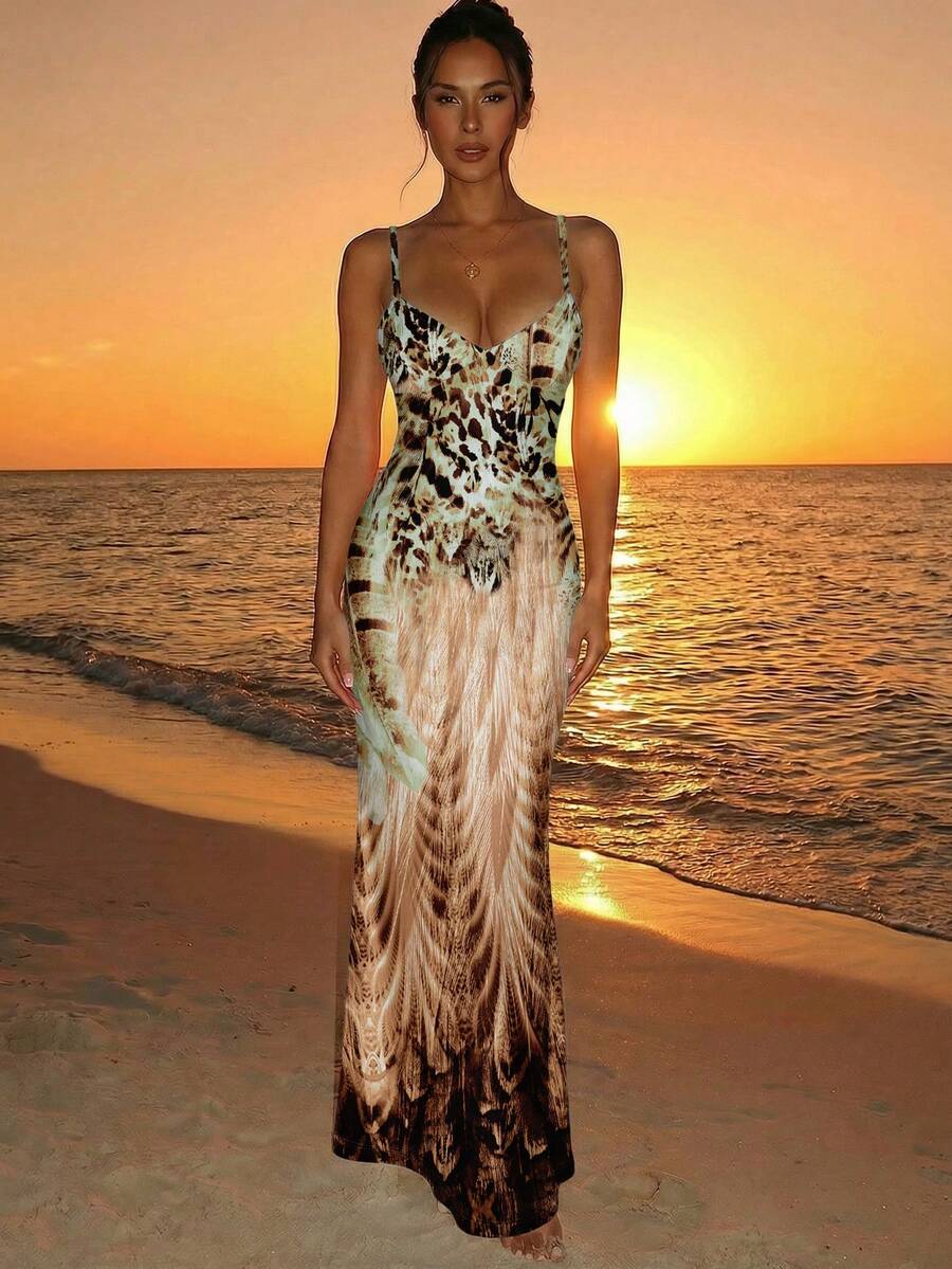 Aloruh Casual Minimalist Sexy Style Vacation Animal Print Pattern Spaghetti Strap Tie-Up Bodycon Sexy Print Dress, Suitable For Spring/Summer Vacation, Party, Event - Multicolor - View 1