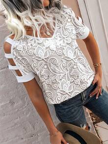 EMERY ROSE Casual Lace Print Off-Shoulder Short Sleeve T-Shirt, Summer - White - View 4