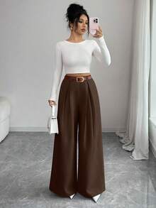 SHEIN Elenzya 秋冬季亚麻质感高腰纯色米色阔腿裤，优雅风格，适合日常穿着和工作场合，复古气息浓郁，适合毕业季、音乐节、赛马会、独立日等场合。 - 咖啡棕 - 查看 4