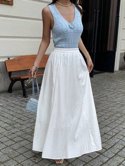 Yunfilé White High Waist Straight Slit Skirt, Fashionable Slimming Elegant Skirt For Women In Summer