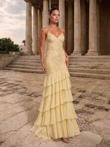 Glamrae Elegant Stylish Light Yellow Sequined Embroidered Chiffon Halter Top With Back Tie Slit Multi-Tiered Cake Skirt; Formal Evening Gown For - Light Yellow - View 7