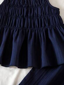 SHEIN Elladie kids Conjunto de Regata e Calça Casual Sólida de Verão, Estilo Boêmio, Macia, Férias de Jovem Garota, Conjunto de 2 Peças Marinho para Meninas, Roupa de Verão para Meninas, Conjunto Fluido de Calça e Top para Meninas - Azul Marinho - Visão 7