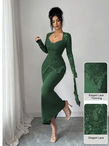 Modelyn Square Neck Lace Patchwork Button Waist Fitted Midi Dress For Women - Dark Green - View 4