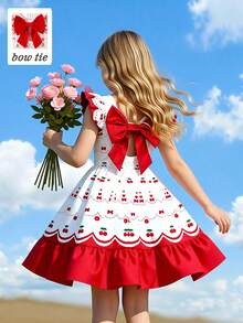 SHEIN Elladie kids 女童樱桃印花露背连衣裙，饰有蝴蝶结，复古甜美A字廓形夏季连衣裙，采用亮丽的樱桃和爱心印花，荷叶边袖口，扇形下摆，背部饰有大红色蝴蝶结。面料柔软，适合生日派对、下午茶、户外拍照和日常穿着。 - 紅色 - 查看 6