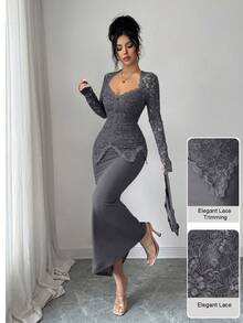 Modelyn Square Neck Lace Patchwork Button Waist Fitted Midi Dress For Women - Grey - View 6