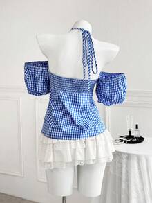 Sweetra Plus Size Summer Casual Plaid Cold Shoulder Halter Shirt - Blue - View 2