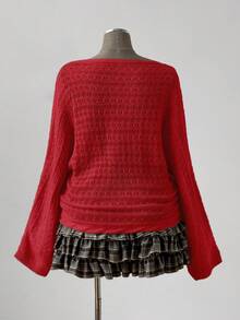 Sunspun Plus Size Women's Bohemian/Y2K Style Hollow Out Solid Color Flare Sleeve Long Sleeve Knit Sweater, Suitable For Vacation Outfits, Suitable For All Seasons - Red - View 2