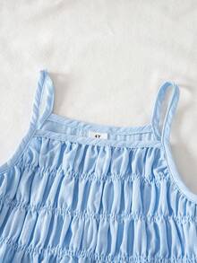 SHEIN Elladie kids 夏季波西米亚风柔软舒适女童纯色褶皱吊带背心和裤子套装，女童两件套夏季套装，浅蓝色女童套装，夏季裤装套装 - 淺藍色 - 查看 3