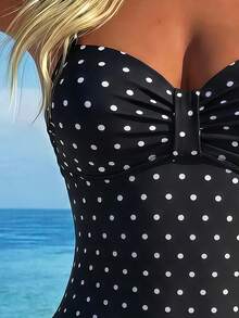 Swim Lushoire Fashionable Hot-Selling Polka Dot Print Design One-Piece Swimsuit, Suitable For Girls And Beach Vacation, Spring/Summer - Black - View 3
