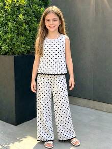 SHEIN 2Pcs Older Girls Charming Girls Black And White Polka Dot Print 2Pcs Co Ord Set Classic Retro - Black and White - View 5