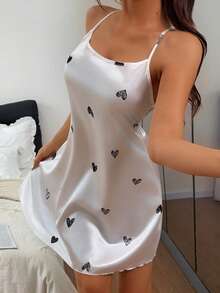 Napfluff Printed Faux Silk Strap Nightgown With Heart Pattern - White - View 4