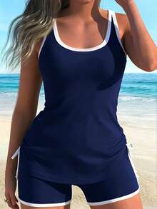 Swim Lushoire 女款夏季新款海灘套裝，無袖圓領撞色飾邊抽繩側邊短褲，黑色休閒度假比基尼套裝 - 藏蓝色 - 查看 1