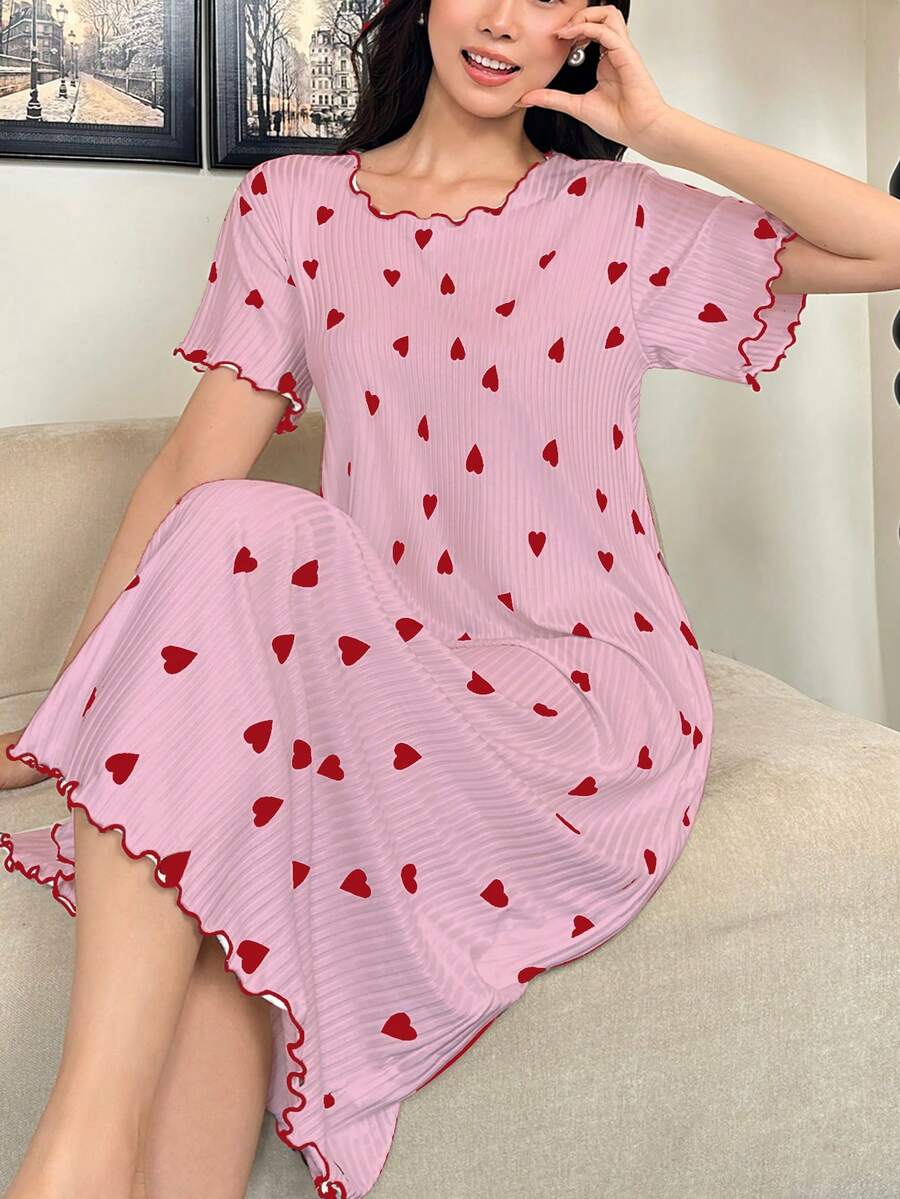 SHEIN 女款夏季愛心印花對比色荷葉邊短袖睡裙 - 粉色 - 查看 1