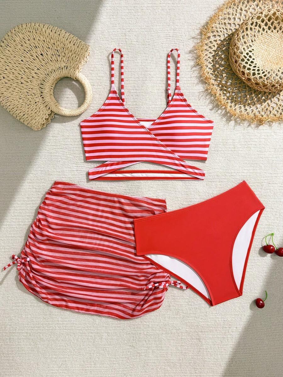 SHEIN Teen Girl Striped Swimwear Set, Vacation Beach - Multicolor - View 1