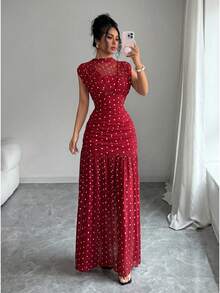 maxi elegante con estampado de lunares, cuello alto, sin mangas,, con recortes de malla, parches y pliegues en A-line, adecuado para de graduación, vacaciones, c - Rojo - Ver 4