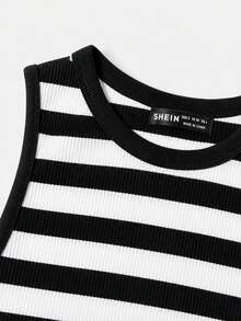 SHEIN Franclia Áo ba lỗ kẻ sọc thường ngày mùa hè không tay - Đen và trắng - Xem 5
