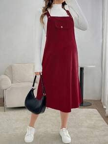 SHEIN Maternity Solid Color Casual Versatile Daily Wear Jumpsuit Dress - Burgundy - View 4