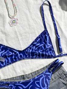 Sirith Women's Polka Dot Print Reversible Micro Bikini Set, Casual Beach Vacation - Blue - View 3