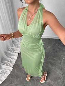Modelyn 女士吊带腰部褶皱侧开衩荷叶边下摆纯色吊带连衣裙 - 綠色 - 查看 2