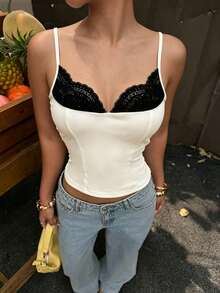Modelyn Women's Patchwork 2 In 1 U-Neck Camisole, Summer Design Fitted Elegant Sexy Contrast Color Outerwear Top Vacation White And Black Night Out - Multicolor - View 4
