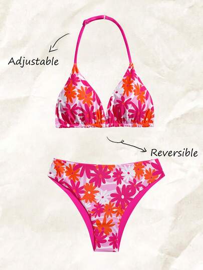 SHEIN Tween Girl Fuchsia Floral & Leaf Print Reversible Halter Bikini Set, Vacation Style Suitable For Beach, Summer, Holiday, Swimming Pool Party