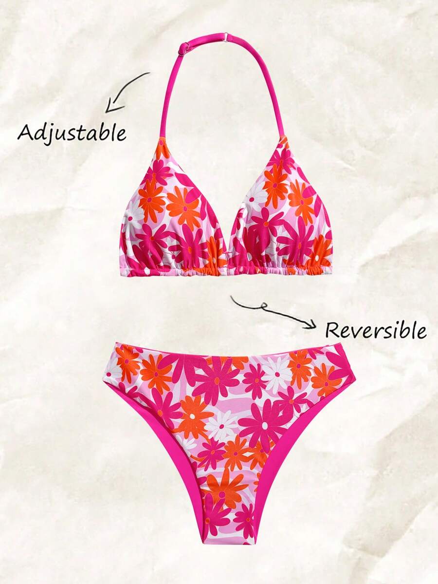 SHEIN Tween Girl Fuchsia Floral & Leaf Print Reversible Halter Bikini Set, Vacation Style Suitable For Beach, Summer, Holiday, Swimming Pool Party
