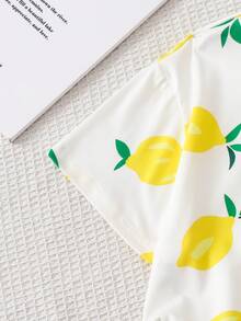 Tween Girl 2 Pieces Set, Fresh Lemon Print Round Neck Short Sleeve Top And Wide Leg Pants, Summer - Yellow - View 5