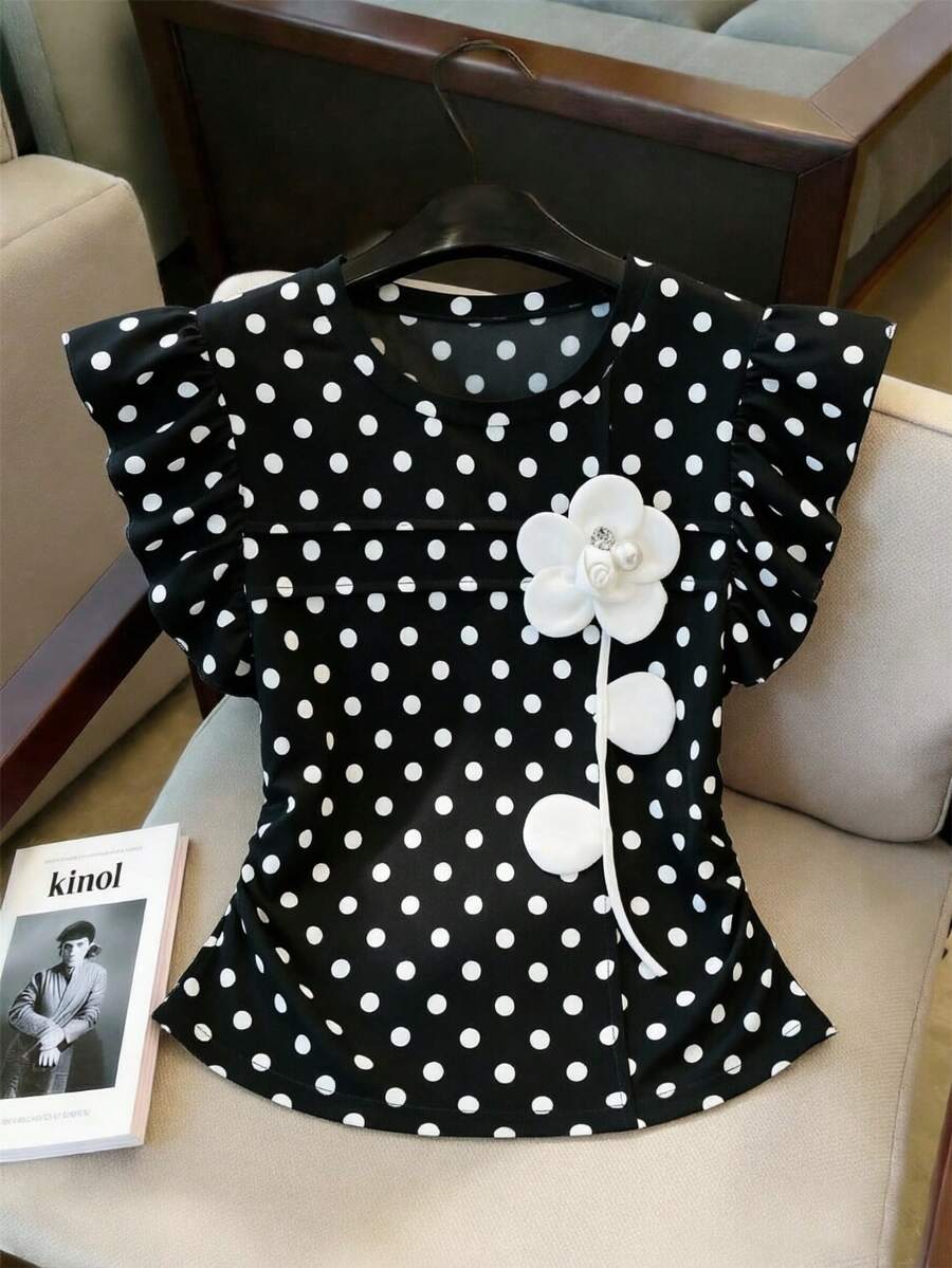 SHEIN 優雅通勤風花卉荷葉邊短版T恤,適合青少年女孩 - 黑與白 - 查看 1