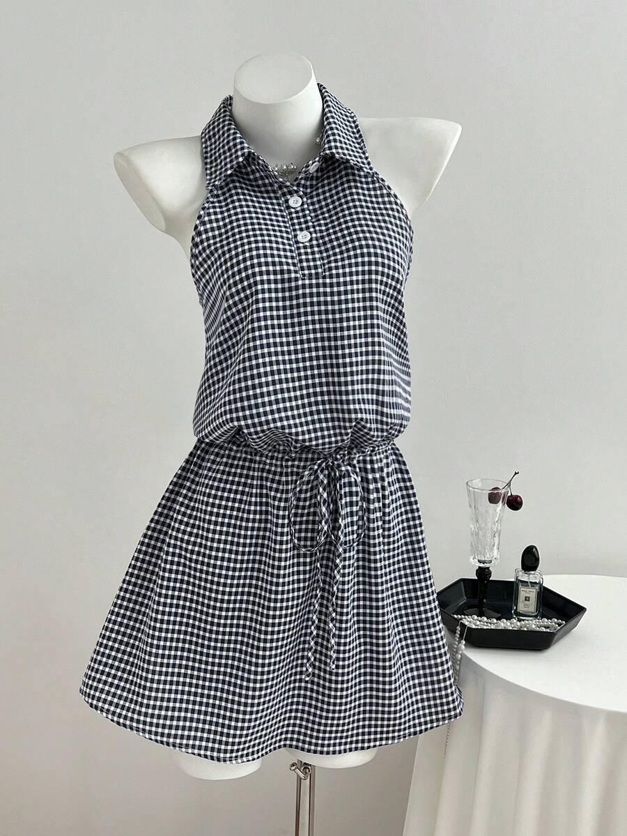 Elamini Spring Summer Autumn Woven Plaid Sweet Fashion Elegant Shirt Collar Front Button Sleeveless Off-Shoulder Cinched Waist A-Line Short Dress For Women - Multicolor - View 1