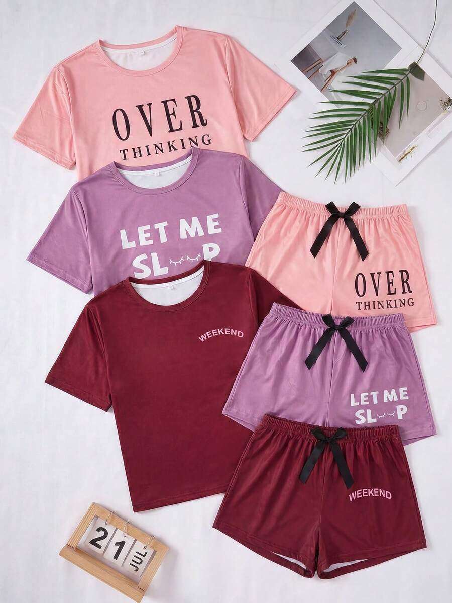 SHEIN Letter Print Casual Short Sleeve Top And Shorts Set, 3 Color Combination - Multicolor - View 1