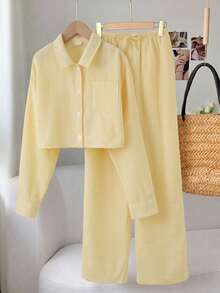SHEIN Tween Girls Cropped Long Sleeve Striped Shirt Set - Yellow - View 10