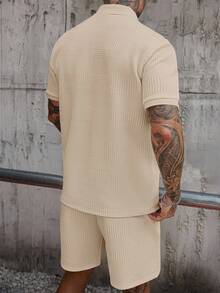 Manfinity Homme Men's Knitted Jacquard Solid Color Textured Collar & Cuffs Zip-Up Polo Suit - Apricot - View 2