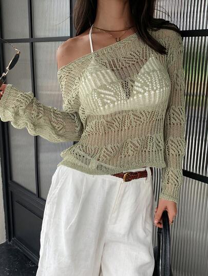 Yunfilé Women's Summer Hollow-Out Knitted Solid Color Sheer Loose Sweater