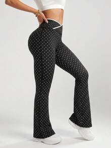 SHEIN Sovereign Charm Pantalon de sport évasé à taille croisée imprimé de pois pour femmes - Noir - Voir 4