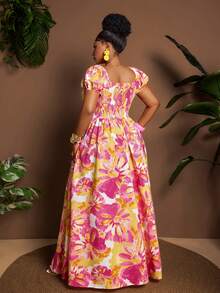 Maweii Plus Size Sexy Boho Square Neck Fitted Printed Waist Dress For Women Vacation Pink Floral Summer - Multicolor - View 5