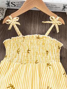 SHEIN Genkimix Kids Young Girls' Vintage Bohemian Spaghetti Strap Jumpsuit, Yellow Bow Print, Suitable For Spring, Summer, Party, Outing, Vacation - Yellow - View 8