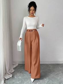 SHEIN Elenzya 女士纯色褶裥休闲百搭日常裤 - 棕色 - 查看 6