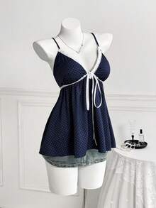 Sweetra Plus Size Contrast Polka Dot Lace Trim V-Neck Ruffle Tie Camisole Top, Summer - Navy Blue - View 5