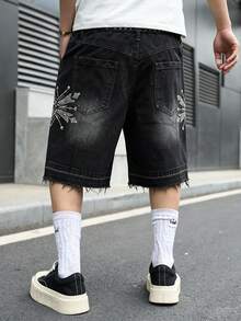 GALLERY FADE Pantalones cortos de mezclilla casual con bolsillos y adornos de diamante de imitación para hombres - Negro - Ver 2