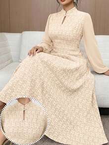 Modelyn Plus Size Elegant Jacquard Keyhole Neck Lantern Sleeve Dress - Apricot - View 3