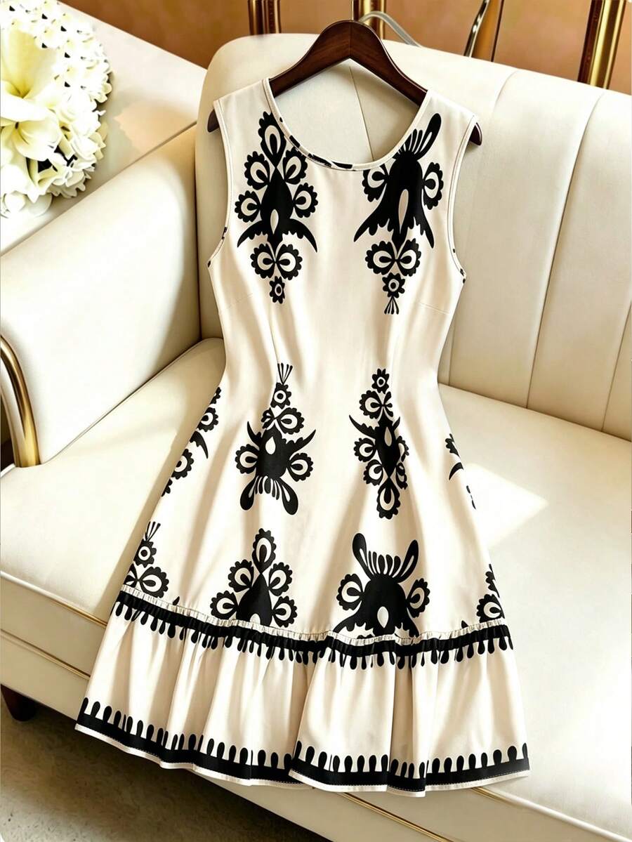 GlowEve Women Summer Chiffon Sleeveless Backless Tie-Front Ruffle Hem Printed Patchwork Mini Dress, Printed Pattern Random - Multicolor - View 1