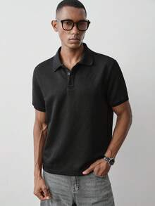 MENRIVO 男士纹理图案短袖 Polo 衫，夏季休闲时尚 - 黑色 - 查看 5