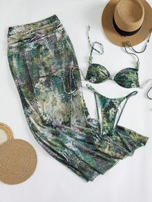 Bonvoyette 3pcs Set: Green Tiger & Leopard Print Mesh Maxi Dress, Spring/Summer New Arrival - Multicolor - View 5